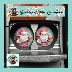 Car Coasters 3D Santa Claus Christmas Holidays Flowers Set of 2 Neoprene Absorb